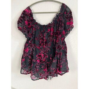 torrid Black & Hot Pink Floral Burnout Peasant Blouse